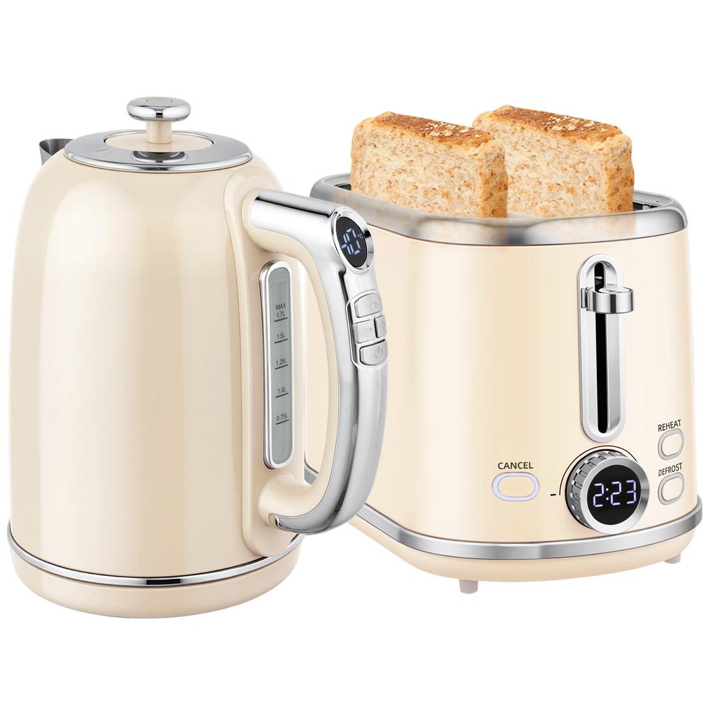 Polished Retro 40-100 degrees C Kettle and Toaster Set - Cream