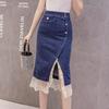 Qooth Spring Summer High Waist Denim Trumpet Skirts Women Front Slit Stitching Lace Casual Skirt