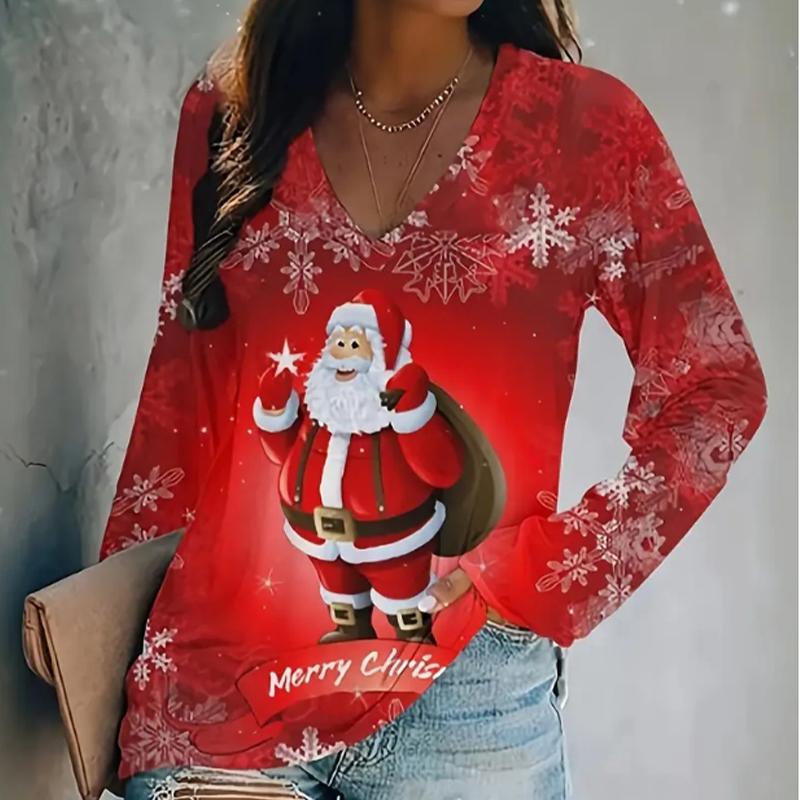 Santa Claus Christmas Tree Print Women Tshirts Ladies Tops Long Sleeve V-neck Pullover Femme T-shirts T Shirt For Women