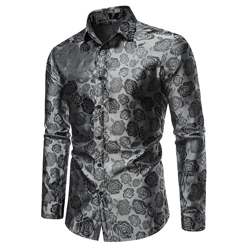 Men S Long Sleeve Rose Print Slim Fit Casual Shirt