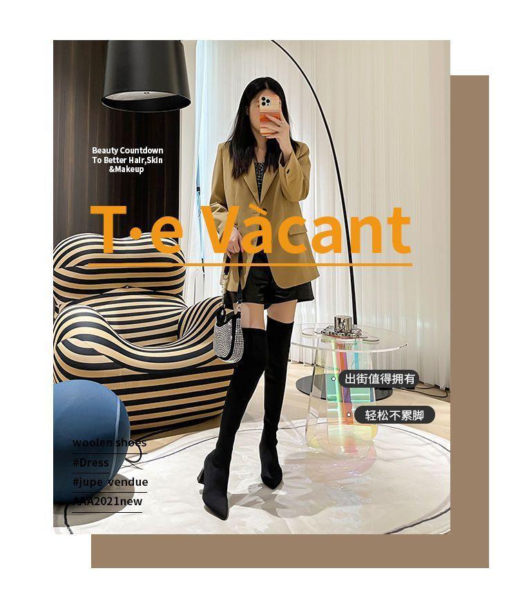 Осень-зима 2025 новая корейская версия модных универсальных эластичных сапог женские остроносые на толстом каблуке на высоком каблуке элегантные сапоги до колена