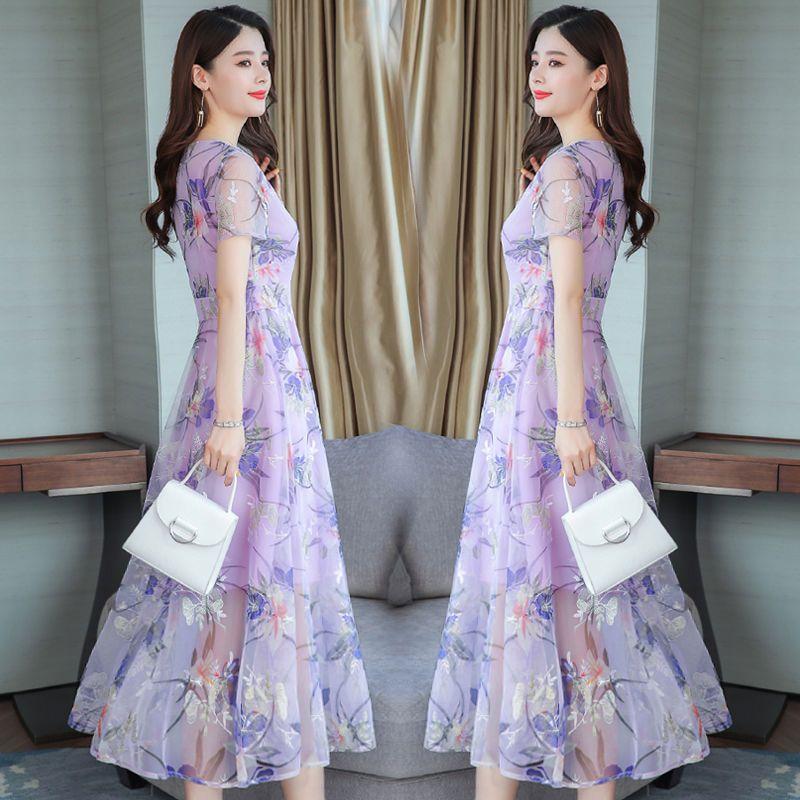 Korean Style V-neck Chiffon Floral Print Maxi Dress Beach Sundress for Women In Plus Sizes