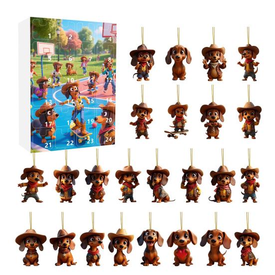 Календарь ожидания Рождества с собакой таксой 2025 24 дня Календарь обратного отсчета до Рождества с 2D акриловыми подвесными украшениями в виде таксы для декора елки