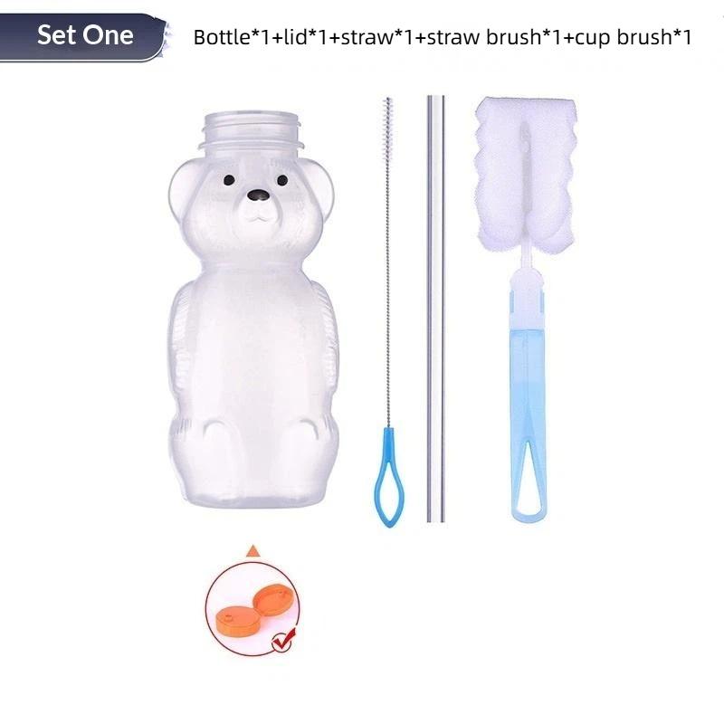 Cute Bear Shaped Bottle Plastic Drink Container Cartoon Honey Bear Straw Cup with Flexible Straws for Milk Juice Honey Storage