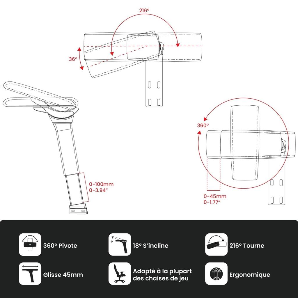Подлокотник Arozzi Infinity, Черный Темный Хром, Вращение на 360°, Наклон и Регулируемый, AZ-INFINITY-BK (Официальный японский продукт)