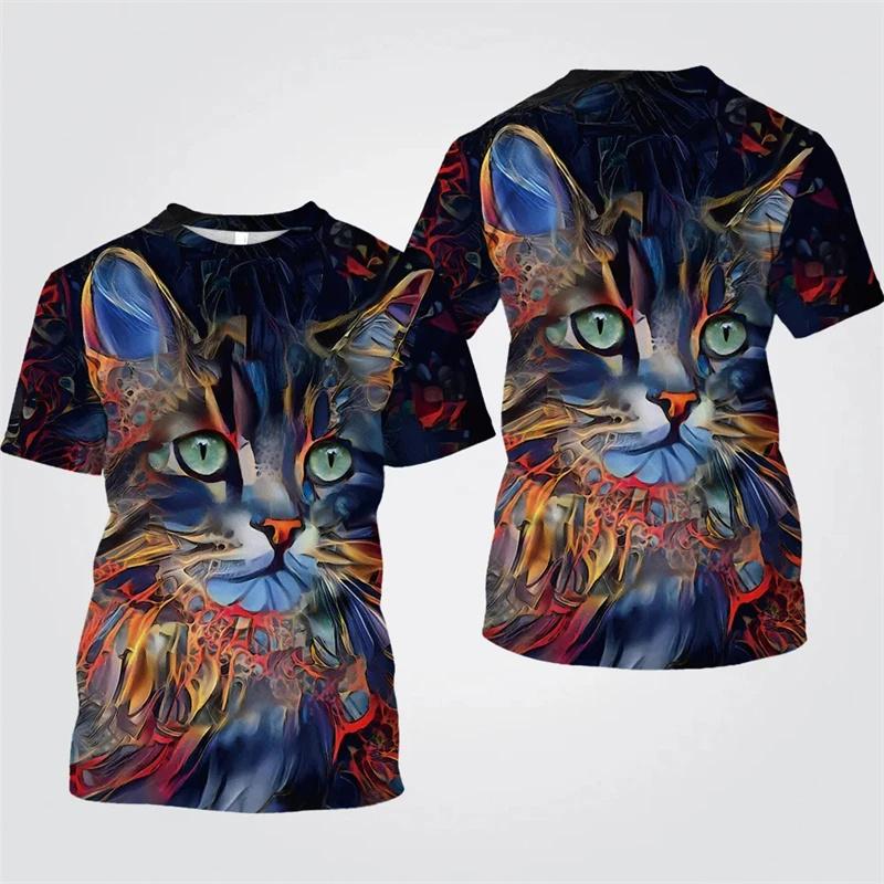 Цветная футболка с рисунком кота для мужчин Футболки с 3D-принтом животных Летние повседневные модные свободные футболки с круглым вырезом большого размера Топы