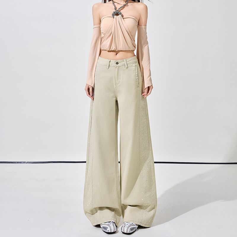 Starry Sky Sparkling Diamond Splicing High Waist Trendy Curved Knife Wide Leg Jeans for Women