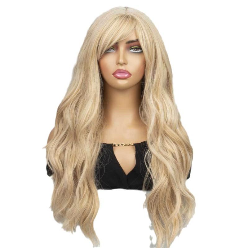 Womens Golden Long Wavy Wig With Bangs Full Head Synthetic Daily Wear