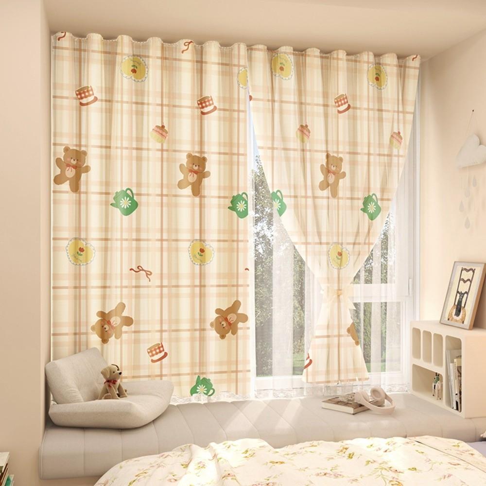 1 Pc No Drill Double Layer Curtain Cartoon Pattern with Rope Blackout Curtains Self-adhesive Bedroom Curtains Rental Housing