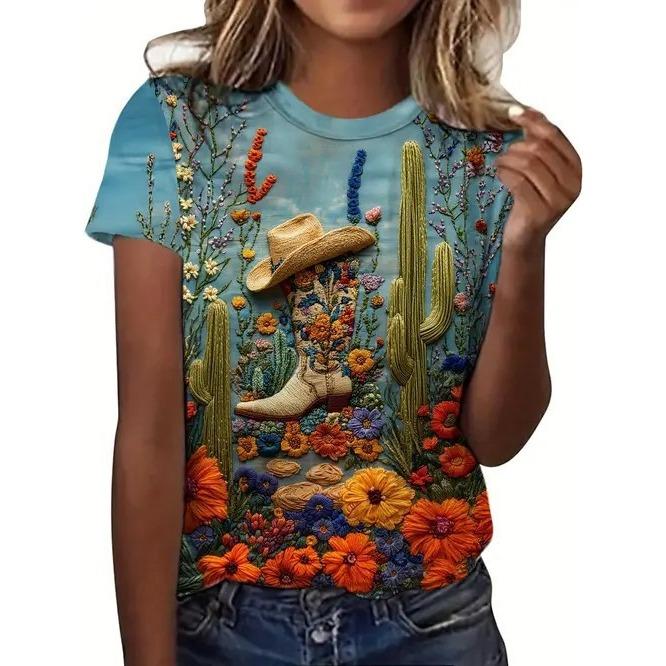 Летние Элегантные Темпераментные Ретро Женские Футболки с 3D Цветочным Принтом, Круглым Вырезом и Коротким Рукавом