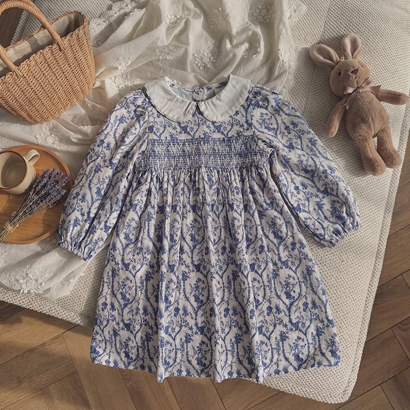 Girls Vintage Floral Smocked Dress Long Sleeve Ruffle Collar Princess Kids 2026