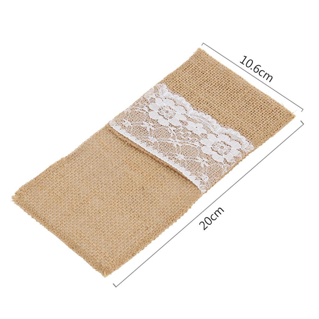 Natural Burlap Tableware Utensil Holders Lace Silverware Holder Bag Linen Knife Forks Cutlery Pouch Bag for Wedding Decor