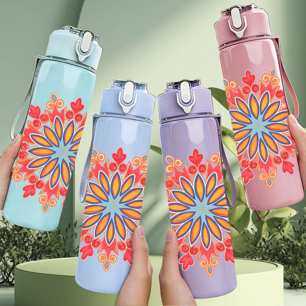 1PC Peach Floral Mandala Design 750ml Color Plastic Sports Water Bottle Leakproof Flip Straw Lid Suitable for Sports Office Home Use
