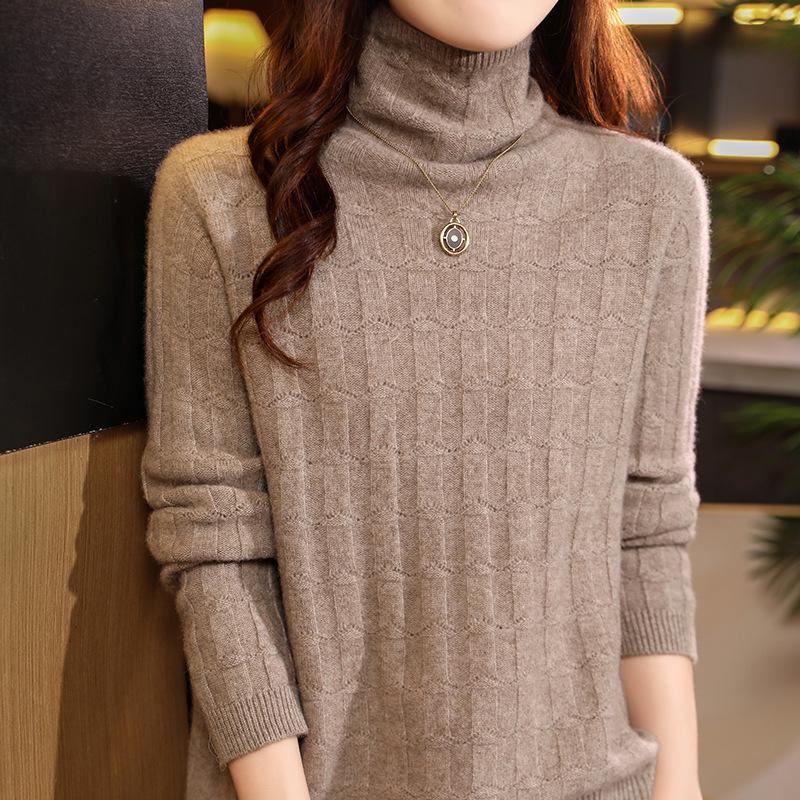 2026 Autumn/Winter Pure Wool Women's High Neck Hollow Knit Sweater - Long Sleeve Base Layer