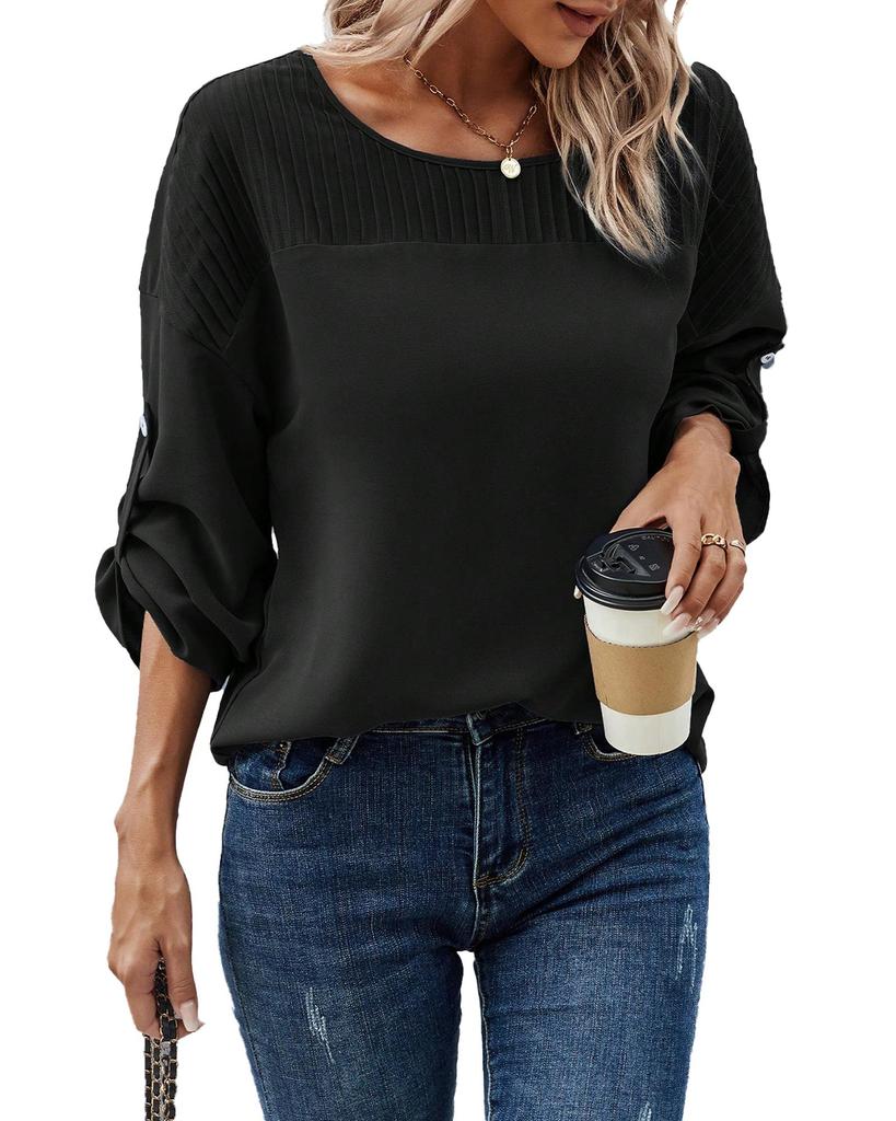 Azura Exchange Черная блузка с отстрочкой и закатанными рукавами