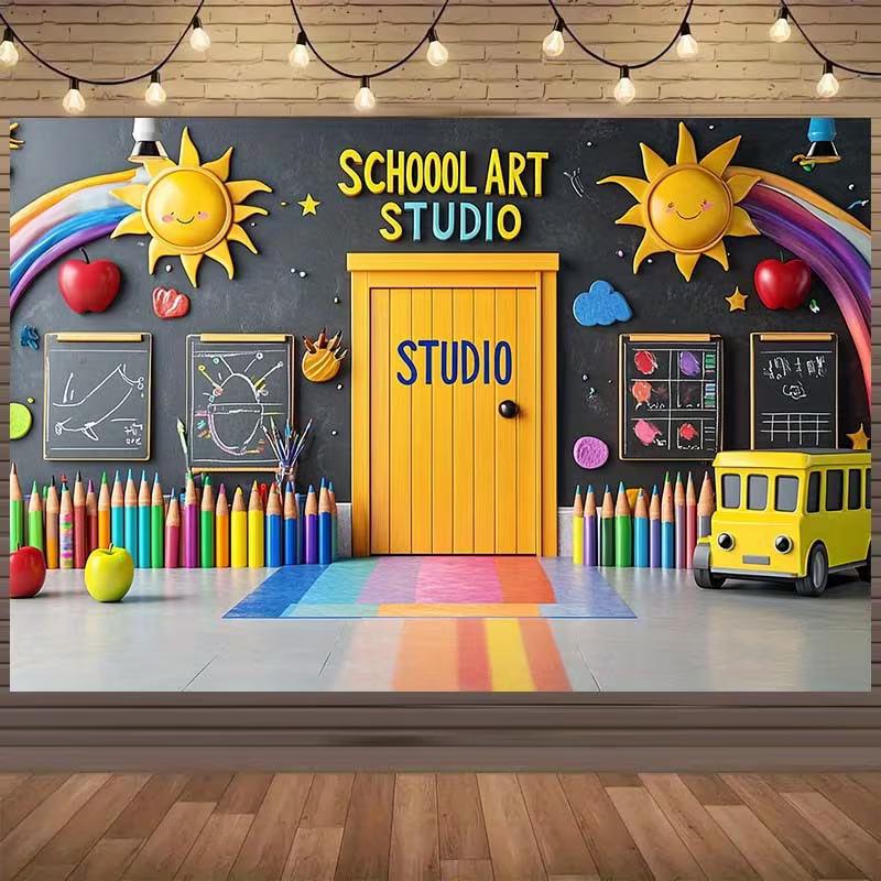 2D School Art Studio Theme Backdrop, Rainbow & Sun Kids Photo Booth Background