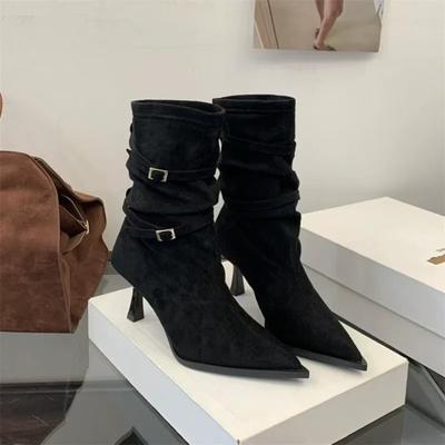 Модные ботильоны до середины икры на тонком каблуке с острым носком, женские бархатные туфли на высоком каблуке во французском стиле, облегающие короткие ботинки для женщин