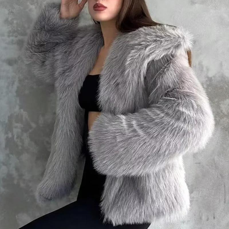 Женская верхняя одежда Укороченная шуба из искусственного меха Женская осенняя пушистая плюшевая черная куртка Теплые зимние женские пальто Однотонные меховые пальто