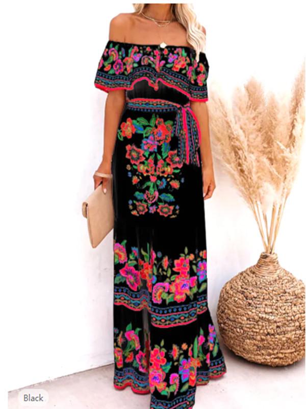 Bohemian Floral Chiffon Maxi Dress - Women's Beach Vacation Style