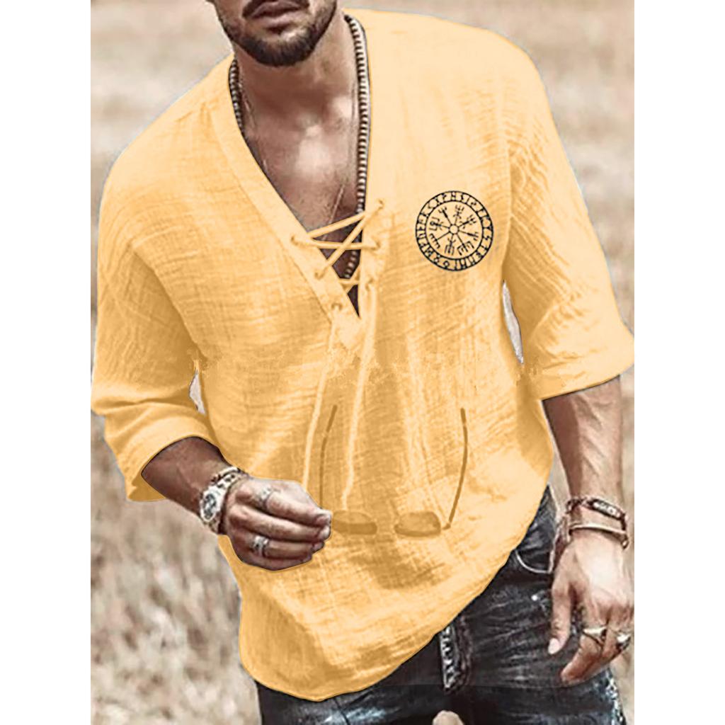 Men's Spring Summer Casual Fashion Drawstring Cotton Linen Solid Colour V-neck Long Sleeve