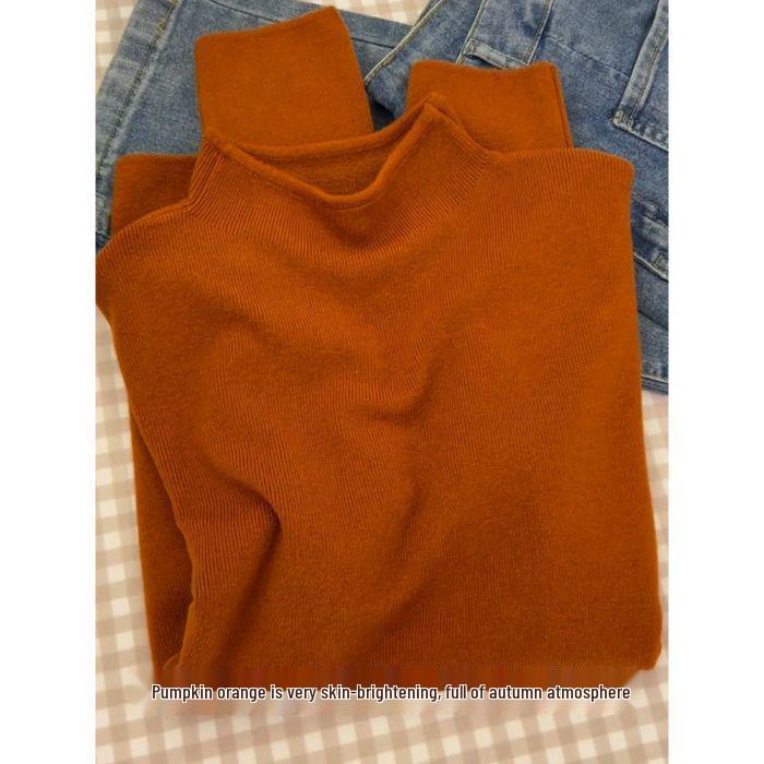 Autumn 2024 Women's Semi-High Neck Soft Sweater: Slim Fit Straight Shoulder Knit