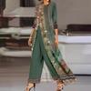 Women's Floral Print Long Cardigan with Matching Wide Leg Pants Set, Elegant Green Blossom Lace Trim Outfit