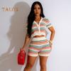 2 шт./компл., женский топ Crio, комплект с шортами, вязаный полосатый комплект с короткими рукавами, однобортный топ с V-образным вырезом, брюки с высокой талией и эластичной резинкой на талии, повседневный комплект