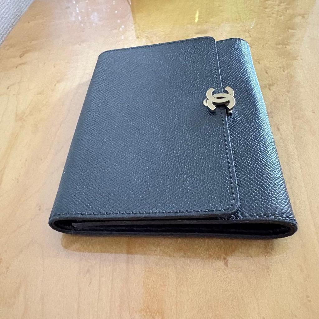 Used 【Rare】Chanel Caviar Skin Coco Mark W-Hook Trifold Wallet Black