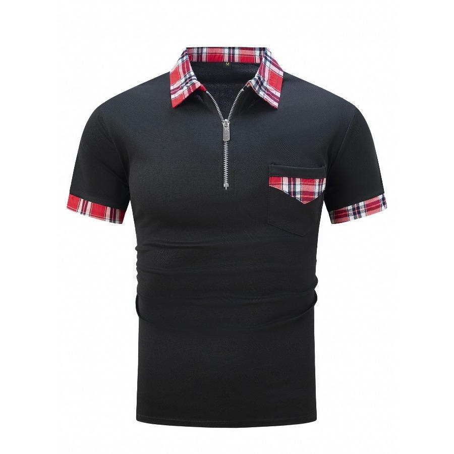 Летняя рубашка поло в клетку, мужская белая, черная, серая, синяя, с карманами на молнии, мужские спортивные рубашки поло с короткими рукавами