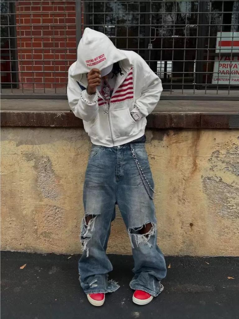 Американская мода уличная одежда готический флаг стразы вышитая молния толстовка с капюшоном Y2k сращивание большой свободный хлопковый свитшот