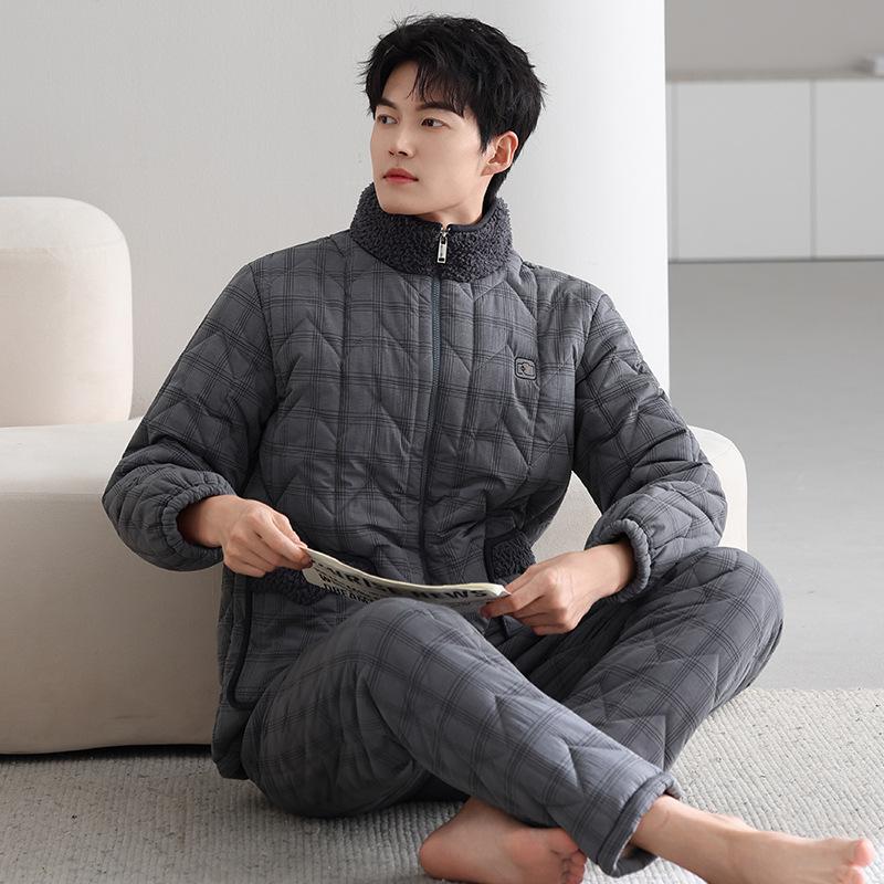 Мужская зимняя пижама из кораллового флиса, трехслойная, утолщенная, с наполнителем из пуха и флиса, куртка, осенняя и зимняя, супертолстая, стеганая, домашняя одежда