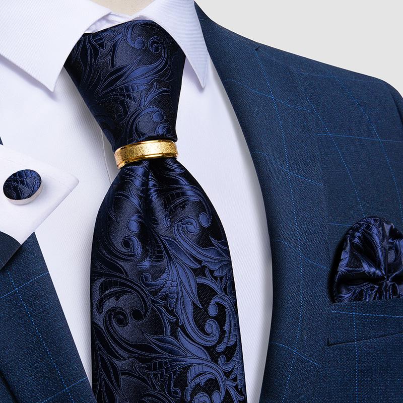 Mens Ties Set with Ring Special Design Business Silk Tie Handkerchief Cufflinks Set for Formal Party