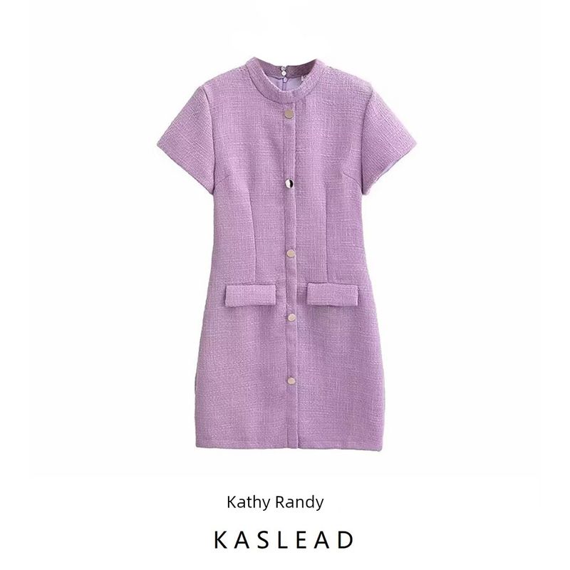 Kaslead New Arrival Women's Clothing Fashion Style Fashion Simple and Thin Classic Style Short Sleeve Dress