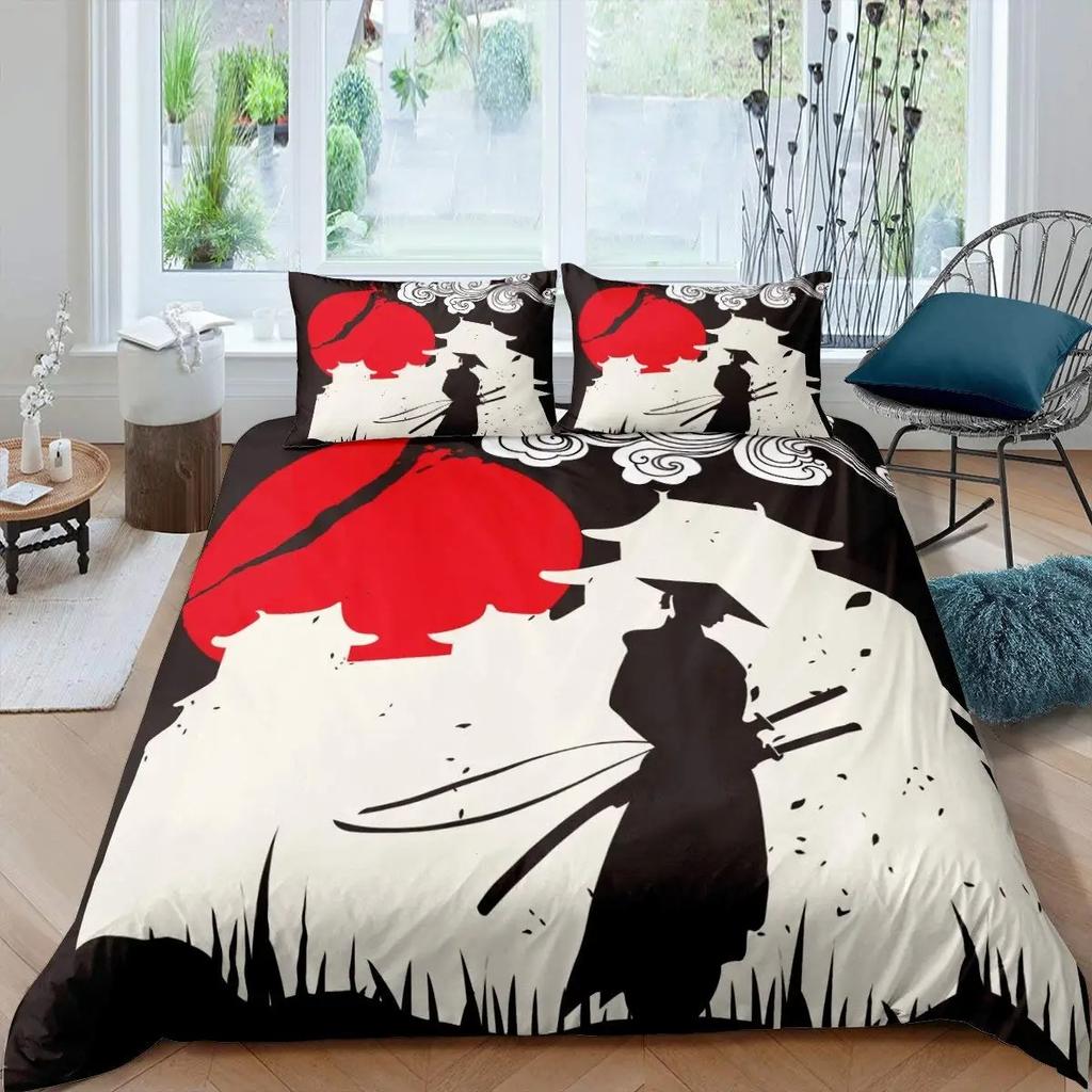 Samurai Duvet Cover Set Sunset Japanese Samurai Quilt Cover Scenery Silhouette Comforter Cover King Size 23pcs Twin Bedding Set