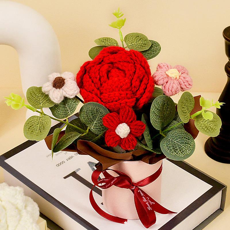 1 шт. Роза Элегантный подарок ручной работы Искусственный цветок Вечный Вязаный День святого Валентина Пышный Романтический букет Сделай сам 20x14 см