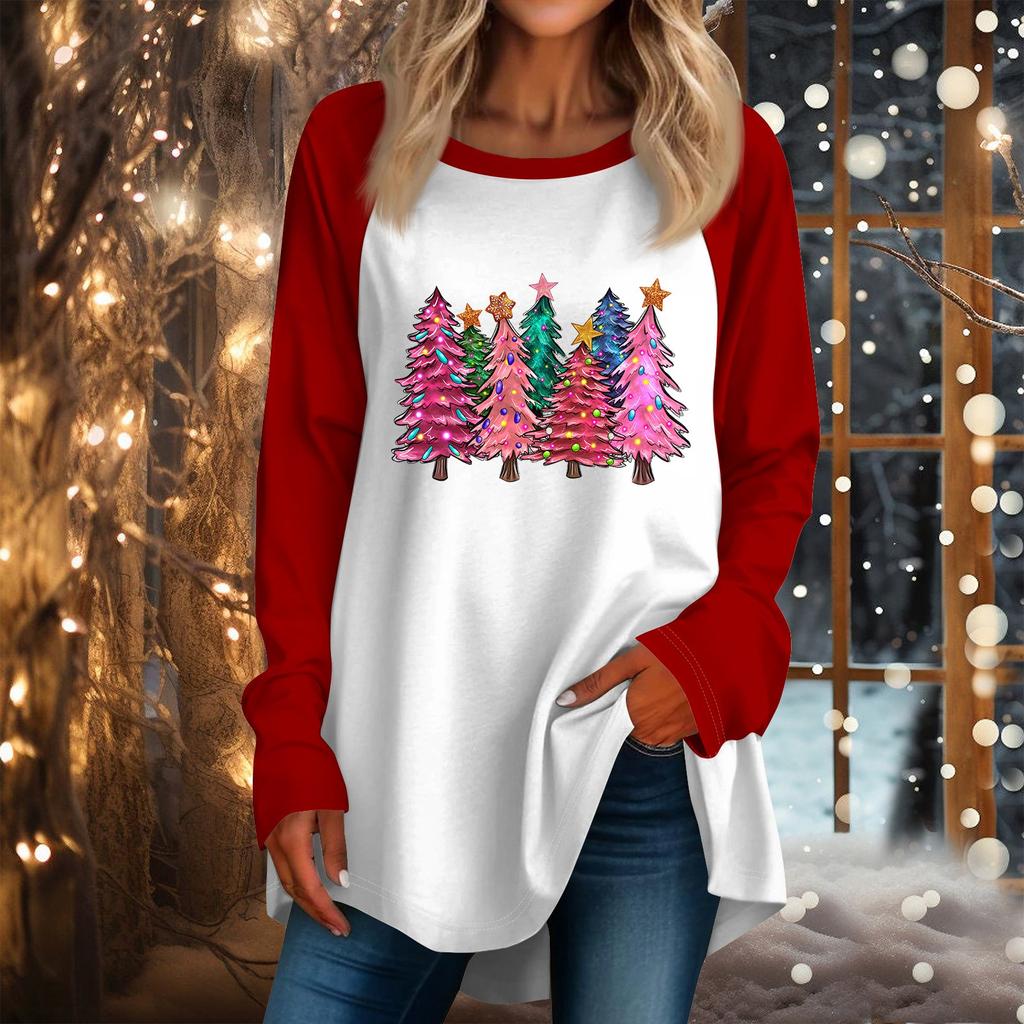 Женская повседневная футболка больших размеров с длинными рукавами и круглым вырезом с рождественским принтом, топ, пуловер