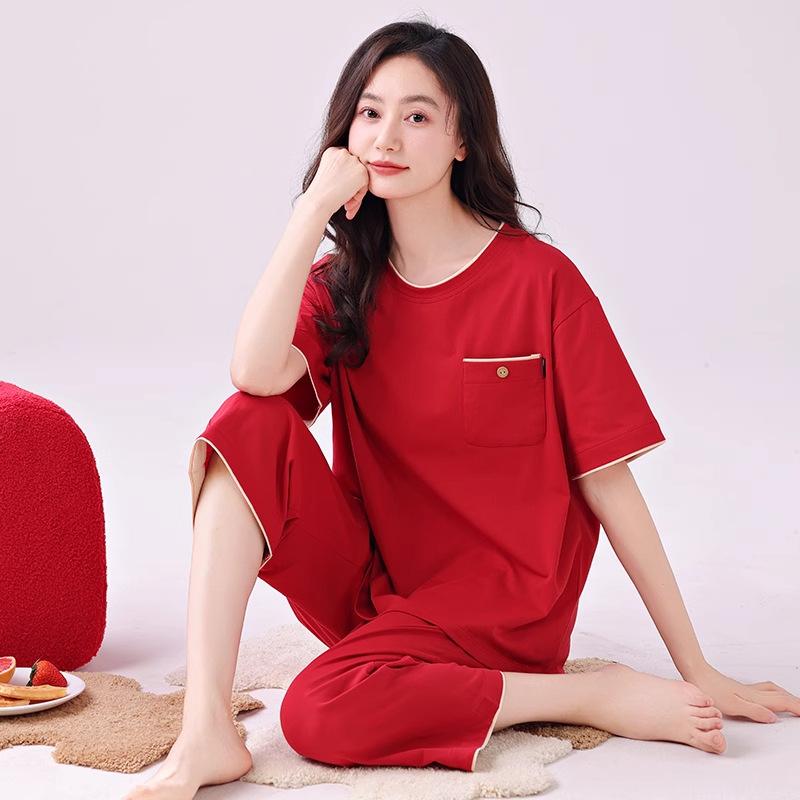 Pajamas women's 1011 new summer pure cotton summer casual short-sleeved cropped pants summer pink grid loungewear set