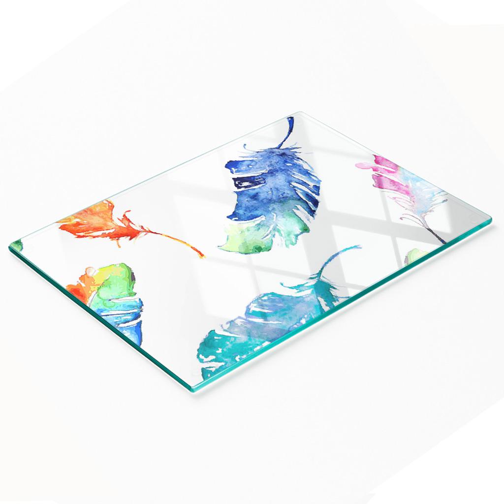 Glass Decorative Snack Serving Board with Colorful Feathers 80x52 cm