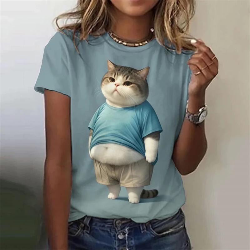 Летний топ с круглым вырезом и принтом 3D Funny Fat Cat, модные повседневные женские футболки с короткими рукавами
