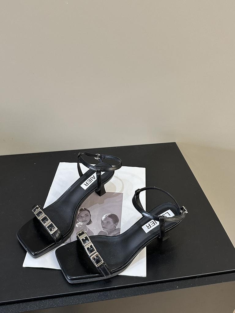 Fashion Open Toe Women Sandals Belt Buckle Rivet Design Summer Dress Shoes Thin Mid Heels Black Green Silver Sexy Ankle Strap Pumps 39
