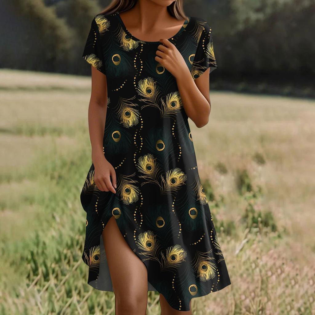 Short Sleeve Boho Dress For Women Casual Loose Fit Summer Sundress Feathers Print Dress With Pockets