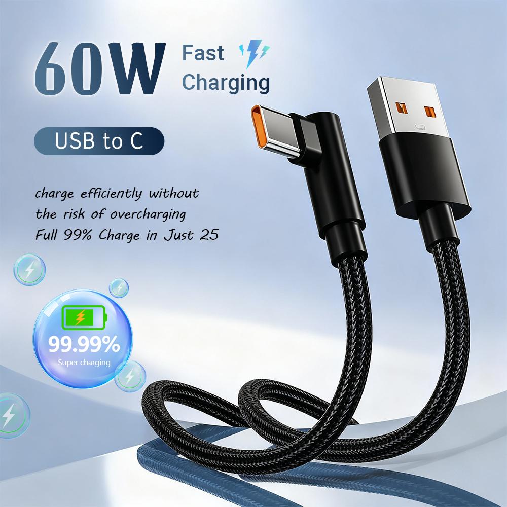 60 Вт USB Type-C 90° Кабель для быстрой зарядки Угловой Type-C Шнур для быстрой зарядки для Samsung Xiaomi Huawei OnePlus Android Устройств