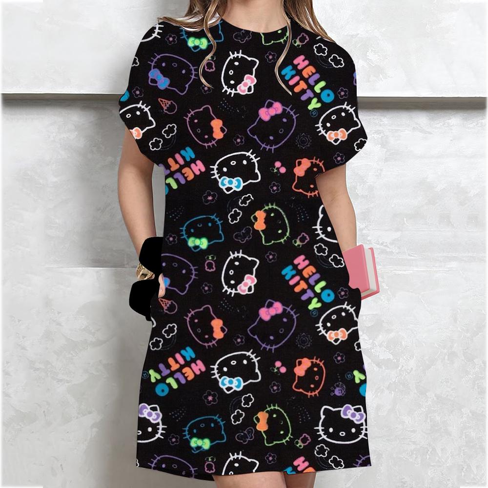 Женское Повседневное Платье-футболка с коротким рукавом Винтажный принт Hello Kitty Свободное Мини-платье Элегантное Простое Мини-платье Streetwear Сарафан