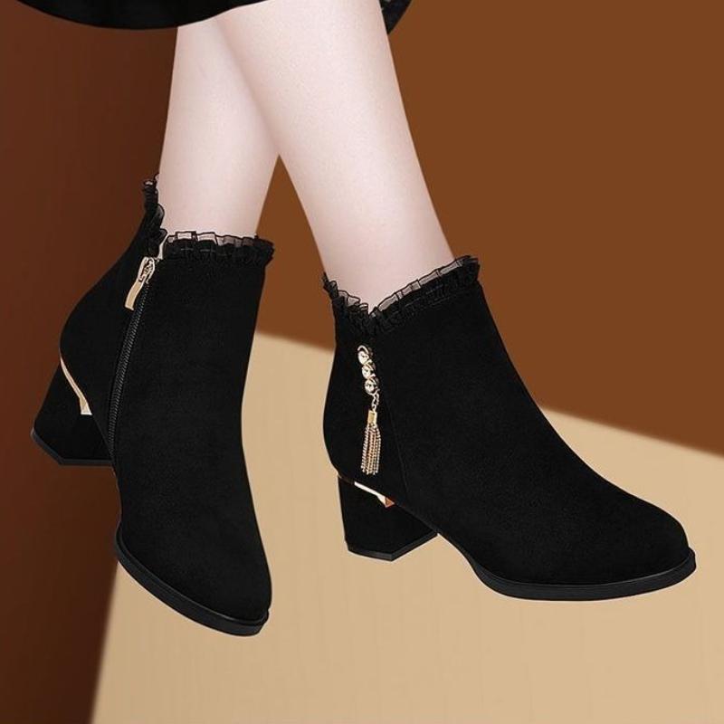 Ботильоны на флисовой подкладке Черные Осень Зима Женские Короткие Туфли Элегантные на среднем каблуке Женские Ботильоны Распродажа ботинок со стразами