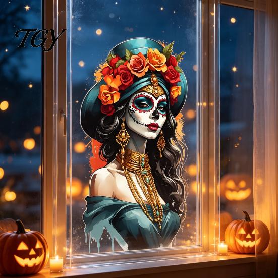 Halloween Glass Window Clings Mexican Katrina Skeleton Girl Wall Sticker, Day of The Dead Artistic Stickers Portrait Decal, Waterproof PVC Cling