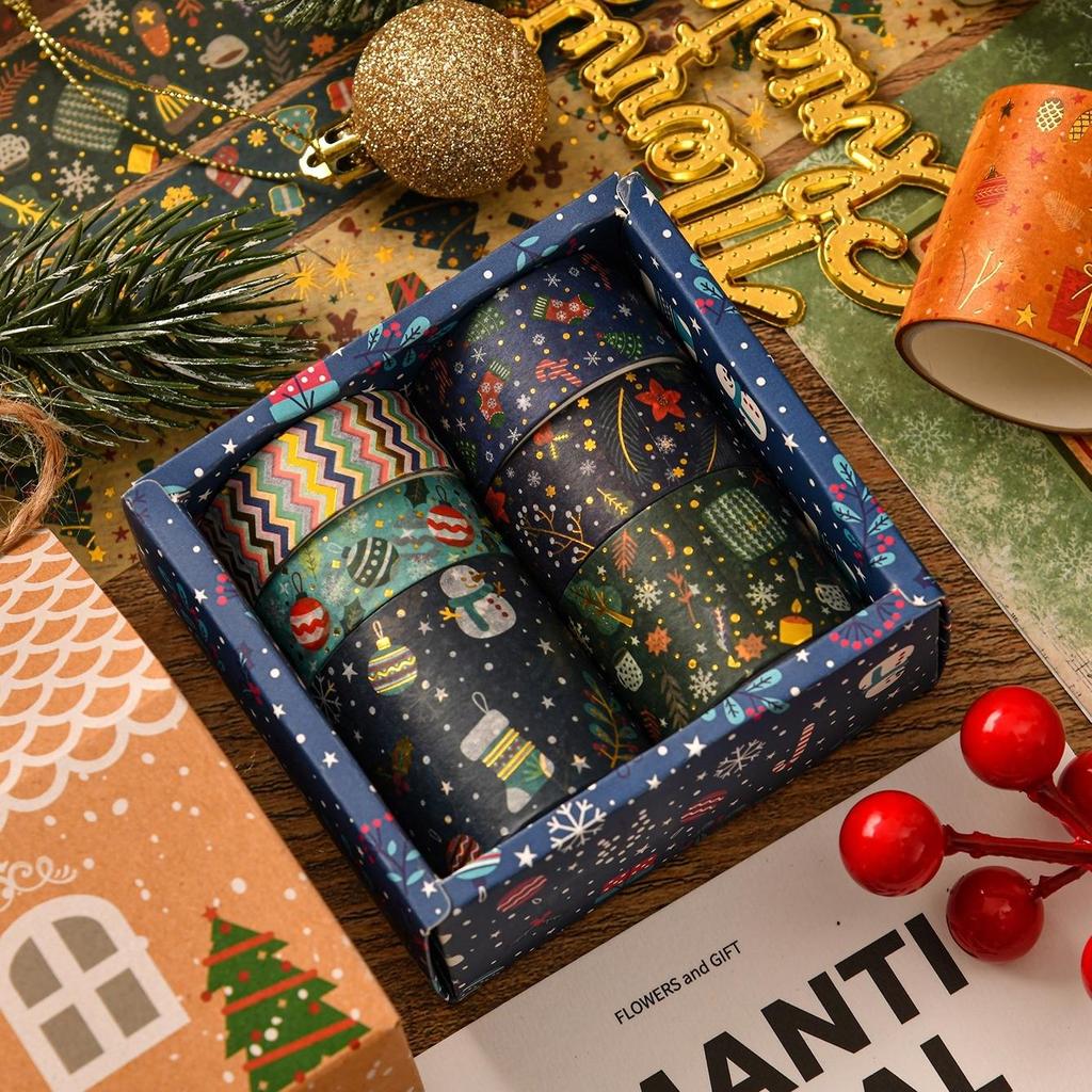 6rolls Merry Xmas Washi Tapes Set Gold Stamping Adhesive Masking Tape Christmas Decoration Stickers for Album Gift Packing