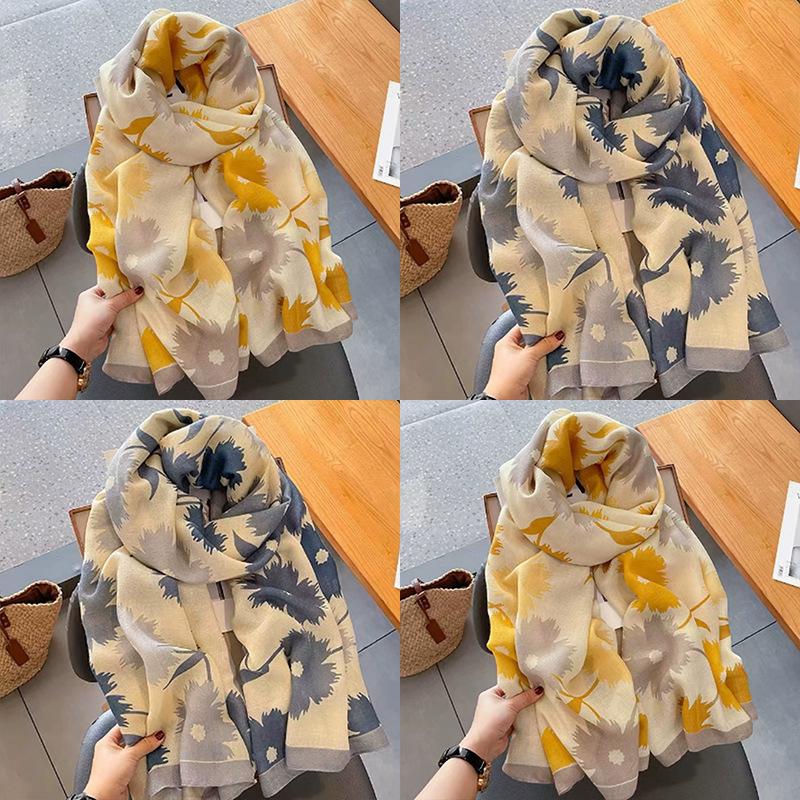 Korean Style Floral Cotton Linen Scarf, Versatile Long Thin Shawl for Women