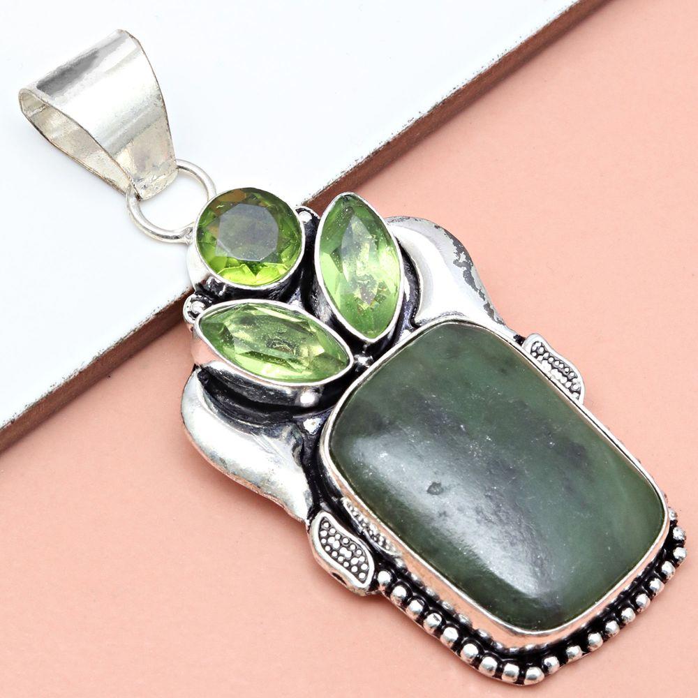 Подвеска с драгоценным камнем вассолит перидот кварц серебряное ювелирное изделие 2,5"