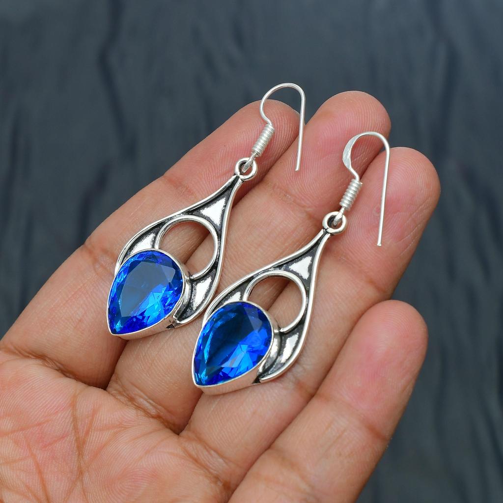 London Blue Topaz Gemstone Handmade 925 Sterling Silver Jewelry Earring