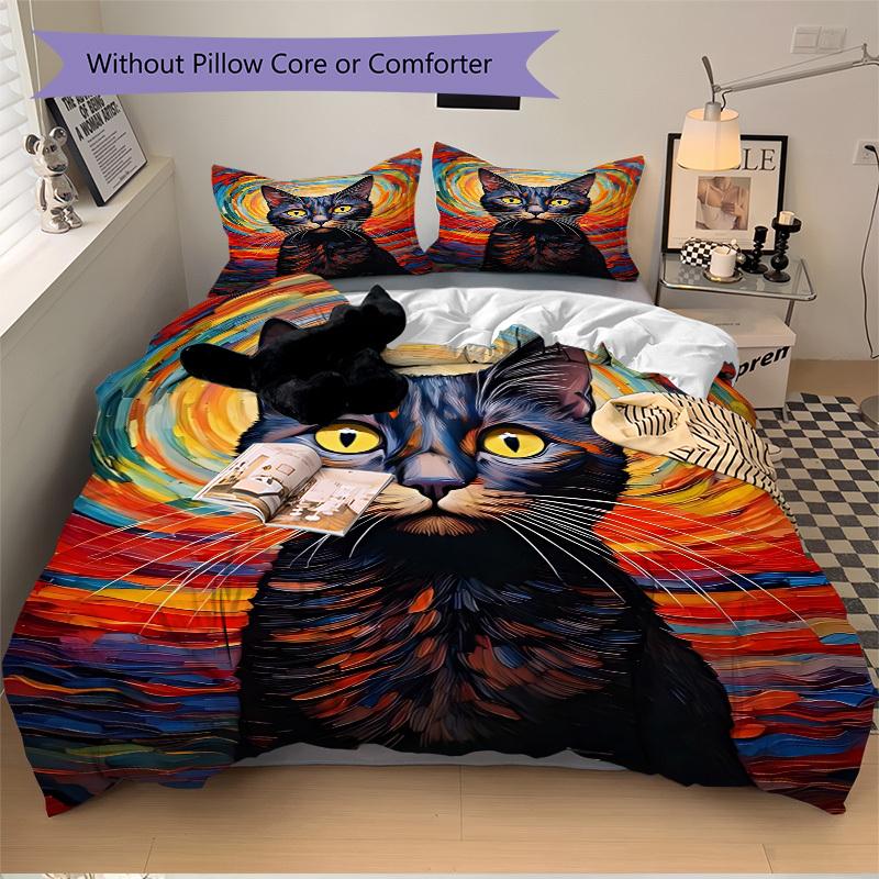 3PCs Colorful Cat Art Design Cover Set, Breathable Fabric, Machine Washable (1 Duvet Cover + 2 Pillowcases) (Without Quilt) yy250911073